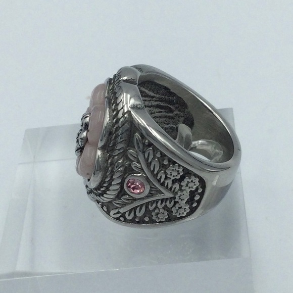 Sz 8 Genuine Carved Rose Quartz Flower Ring - Picture 3 of 6